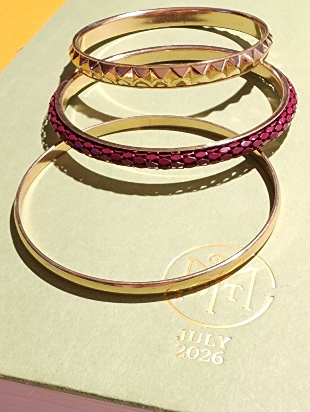 Gold-tone Metal Bangle Bracelets Set Of 3, Smooth, Studded, And Red Snakeskin